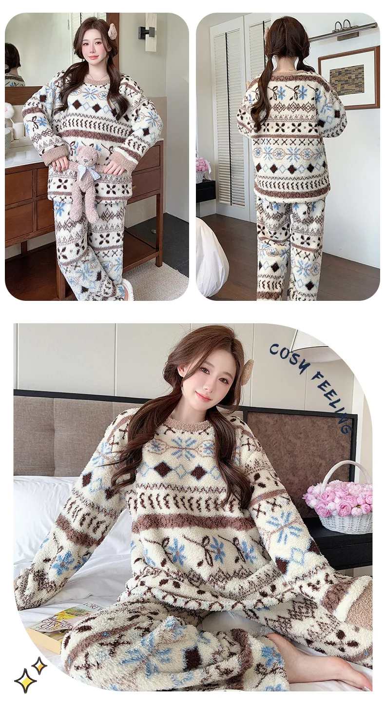 Pyjama femme en velours double face Sleep Beauty, loisirs d'automne et d'hiver, rayures, grande taille, 250 jin, tenue d'intérieur pour femmes rondes, portable à l'extérieur · Grossiste · OEM · Mondial - Detail 20