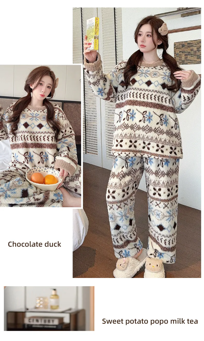 Pyjama femme en velours double face Sleep Beauty, loisirs d'automne et d'hiver, rayures, grande taille, 250 jin, tenue d'intérieur pour femmes rondes, portable à l'extérieur · Grossiste · OEM · Mondial - Detail 18