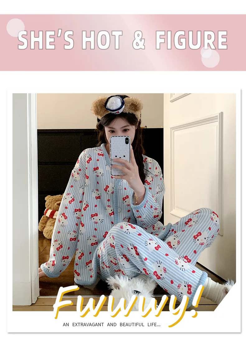 Piyama Set Wanita Sleep Beauty Fu Air Cotton Lapisan Tengah Lengan Panjang Celana Panjang Kardigan Musim Gugur Musim Dingin Ukuran Besar 220 Jin Pakaian Rumah · Grosir · OEM · Pengiriman Global - Detail 20