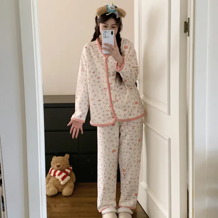 Piyama Set Wanita Sleep Beauty Fu Air Cotton Lapisan Tengah Lengan Panjang Celana Panjang Kardigan Musim Gugur Musim Dingin Ukuran Besar 220 Jin Pakaian Rumah · Grosir · OEM · Pengiriman Global - Detail 1