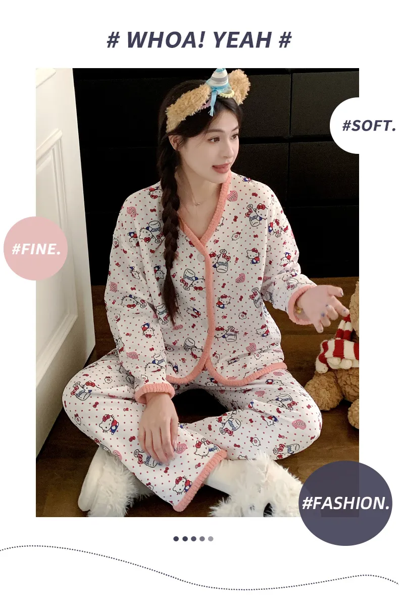Piyama Set Wanita Sleep Beauty Fu Air Cotton Lapisan Tengah Lengan Panjang Celana Panjang Kardigan Musim Gugur Musim Dingin Ukuran Besar 220 Jin Pakaian Rumah · Grosir · OEM · Pengiriman Global - Detail 16