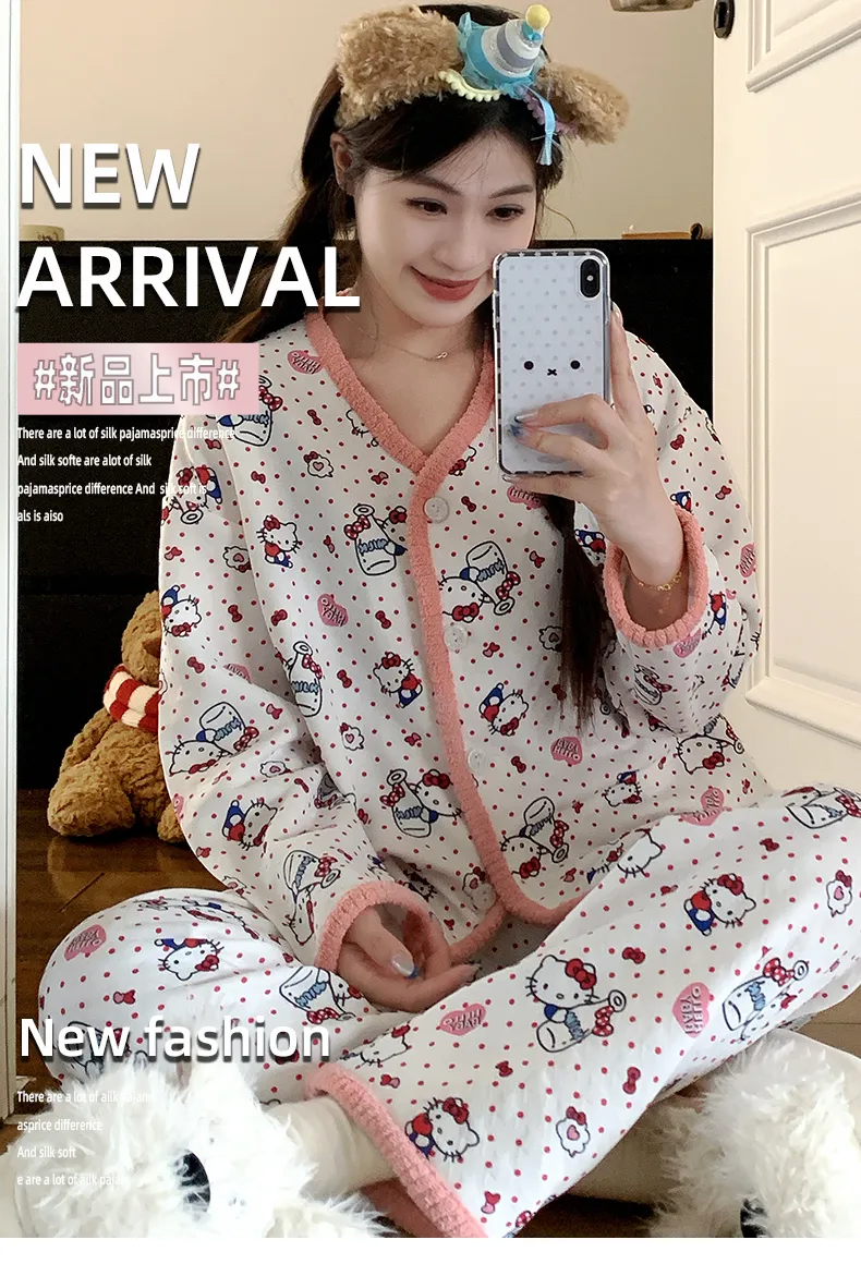Piyama Set Wanita Sleep Beauty Fu Air Cotton Lapisan Tengah Lengan Panjang Celana Panjang Kardigan Musim Gugur Musim Dingin Ukuran Besar 220 Jin Pakaian Rumah · Grosir · OEM · Pengiriman Global - Detail 7