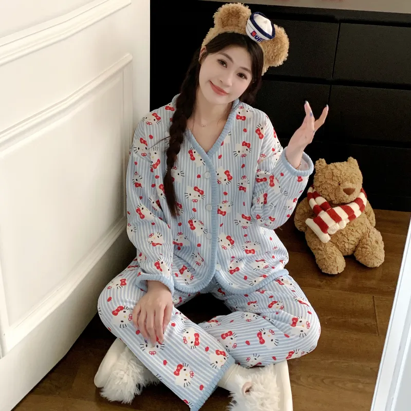 Piyama Set Wanita Sleep Beauty Fu Air Cotton Lapisan Tengah Lengan Panjang Celana Panjang Kardigan Musim Gugur Musim Dingin Ukuran Besar 220 Jin Pakaian Rumah · Grosir · OEM · Pengiriman Global - View 1