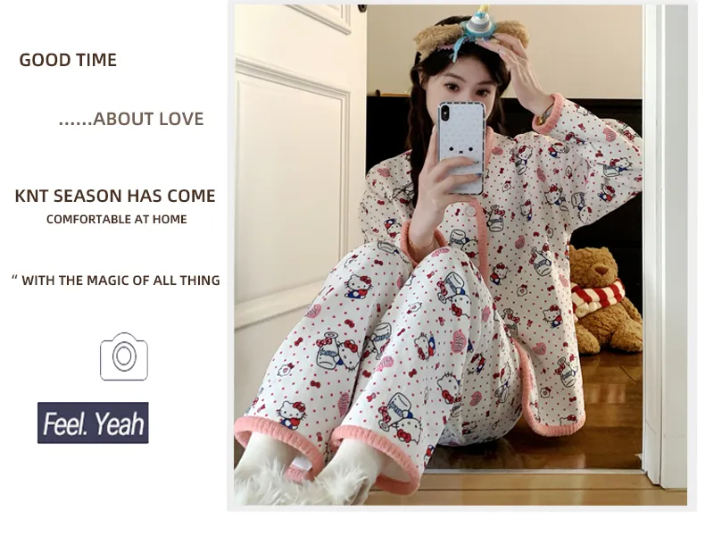 Piyama Set Wanita Sleep Beauty Fu Air Cotton Lapisan Tengah Lengan Panjang Celana Panjang Kardigan Musim Gugur Musim Dingin Ukuran Besar 220 Jin Pakaian Rumah · Grosir · OEM · Pengiriman Global - Detail 15