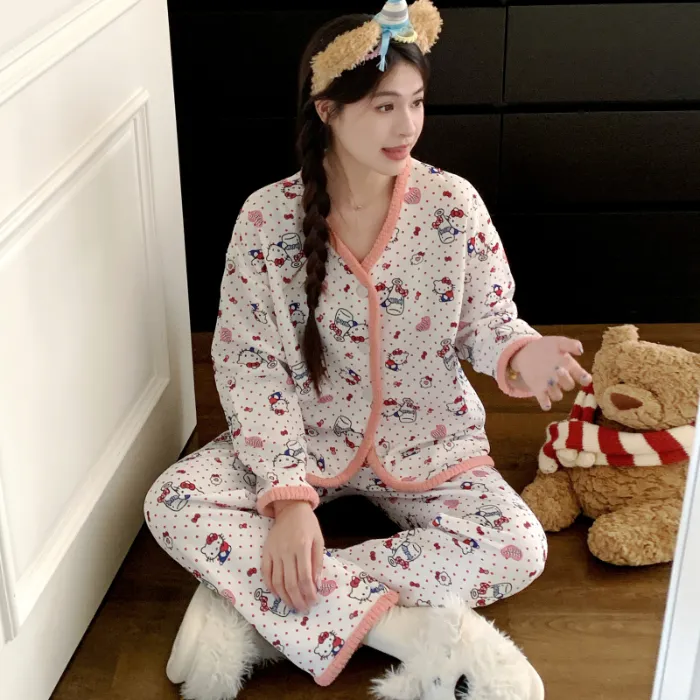 Piyama Set Wanita Sleep Beauty Fu Air Cotton Lapisan Tengah Lengan Panjang Celana Panjang Kardigan Musim Gugur Musim Dingin Ukuran Besar 220 Jin Pakaian Rumah · Grosir · OEM · Pengiriman Global - Detail 3