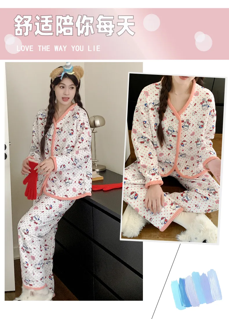 Piyama Set Wanita Sleep Beauty Fu Air Cotton Lapisan Tengah Lengan Panjang Celana Panjang Kardigan Musim Gugur Musim Dingin Ukuran Besar 220 Jin Pakaian Rumah · Grosir · OEM · Pengiriman Global - Detail 14
