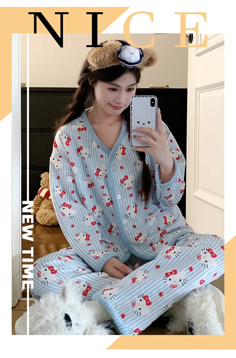 Piyama Set Wanita Sleep Beauty Fu Air Cotton Lapisan Tengah Lengan Panjang Celana Panjang Kardigan Musim Gugur Musim Dingin Ukuran Besar 220 Jin Pakaian Rumah · Grosir · OEM · Pengiriman Global - Detail 18