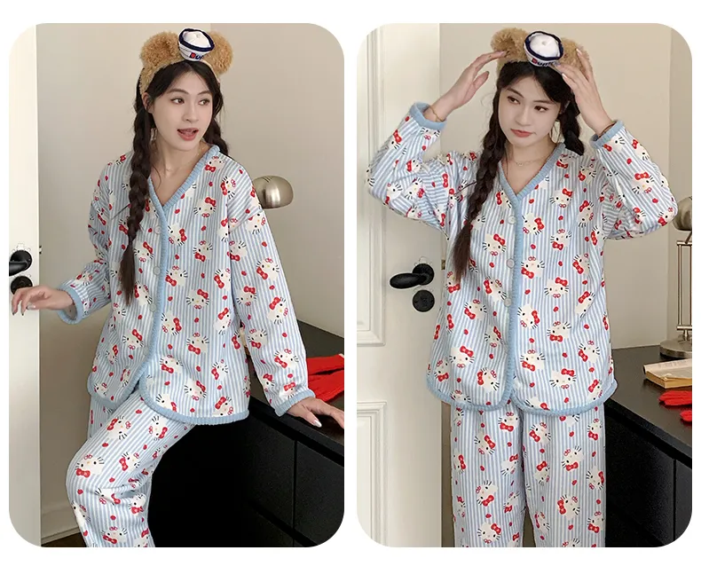 Piyama Set Wanita Sleep Beauty Fu Air Cotton Lapisan Tengah Lengan Panjang Celana Panjang Kardigan Musim Gugur Musim Dingin Ukuran Besar 220 Jin Pakaian Rumah · Grosir · OEM · Pengiriman Global - Detail 21