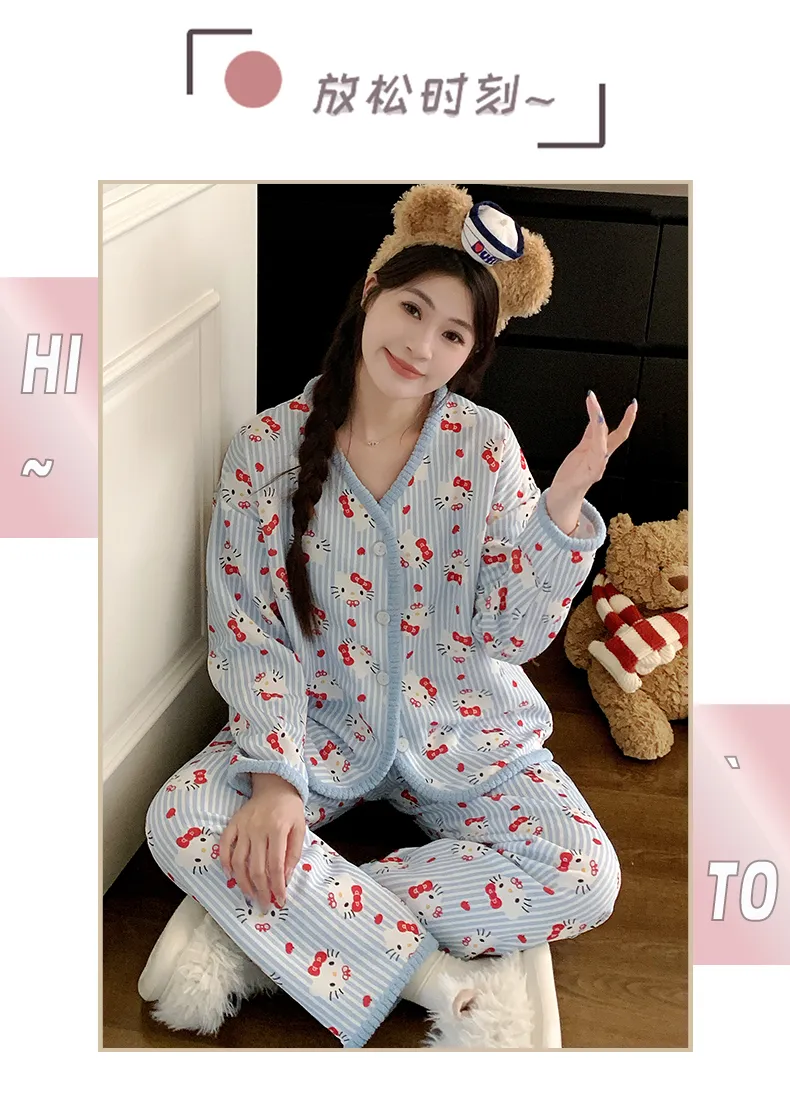 Piyama Set Wanita Sleep Beauty Fu Air Cotton Lapisan Tengah Lengan Panjang Celana Panjang Kardigan Musim Gugur Musim Dingin Ukuran Besar 220 Jin Pakaian Rumah · Grosir · OEM · Pengiriman Global - Detail 22
