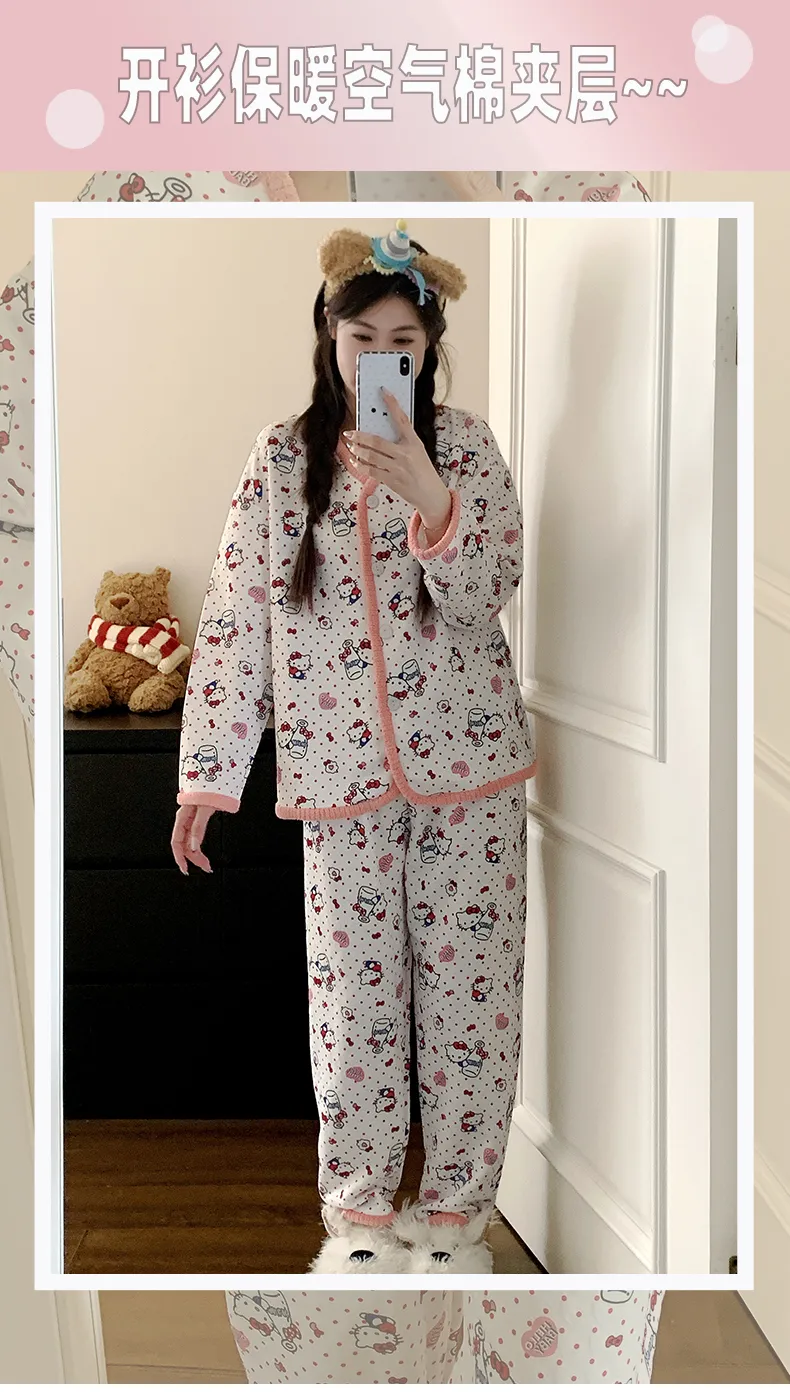 Piyama Set Wanita Sleep Beauty Fu Air Cotton Lapisan Tengah Lengan Panjang Celana Panjang Kardigan Musim Gugur Musim Dingin Ukuran Besar 220 Jin Pakaian Rumah · Grosir · OEM · Pengiriman Global - Detail 9