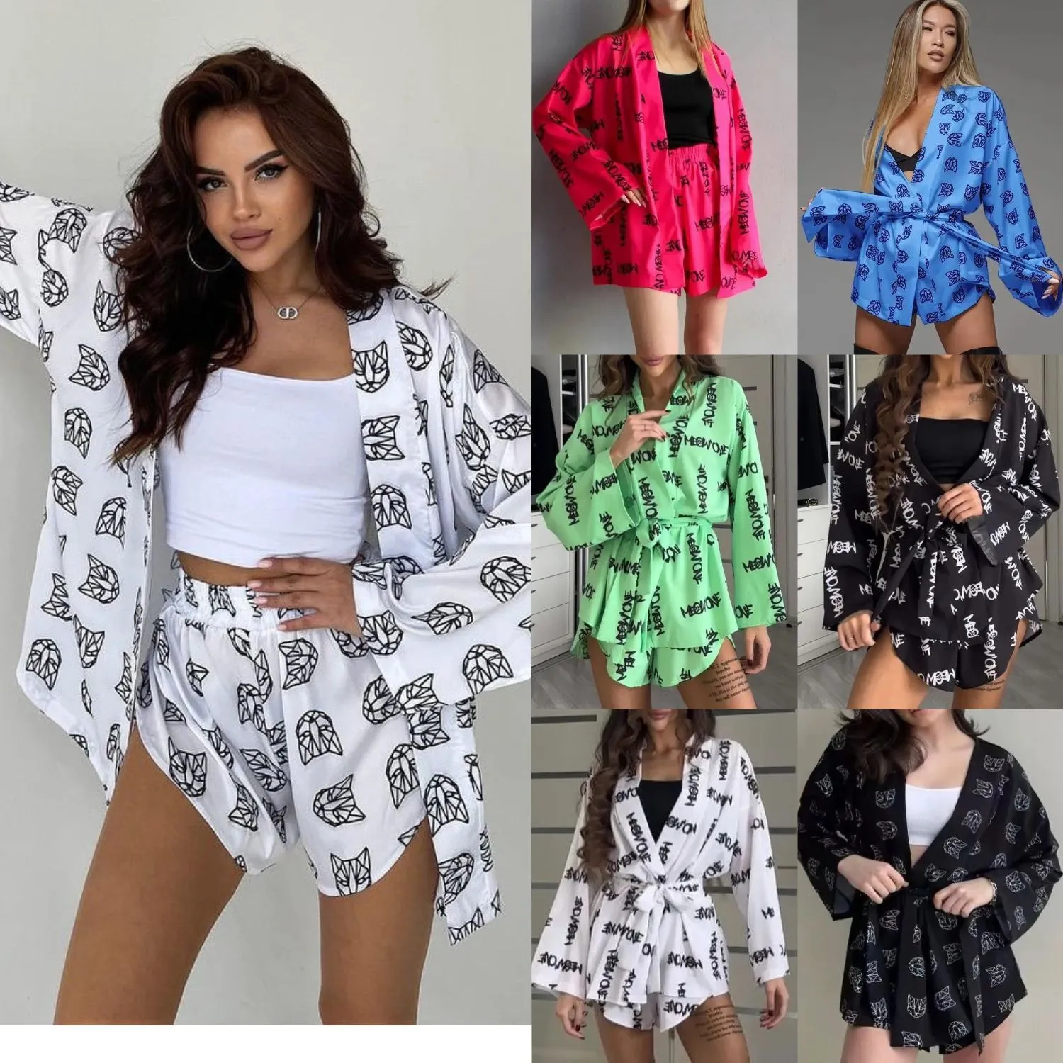 2026 New Europe & US Cross-Border Women's Loose Long Sleeve Printed Casual Pajama Set with Tie-Waist High-Waist Shorts · Wholesale · OEM · Worldwide Shipping