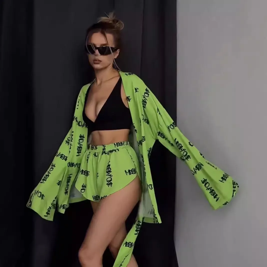 2026 New Europe & US Cross-Border Women's Loose Long Sleeve Printed Casual Pajama Set with Tie-Waist High-Waist Shorts · Wholesale · OEM · Worldwide Shipping - View 1