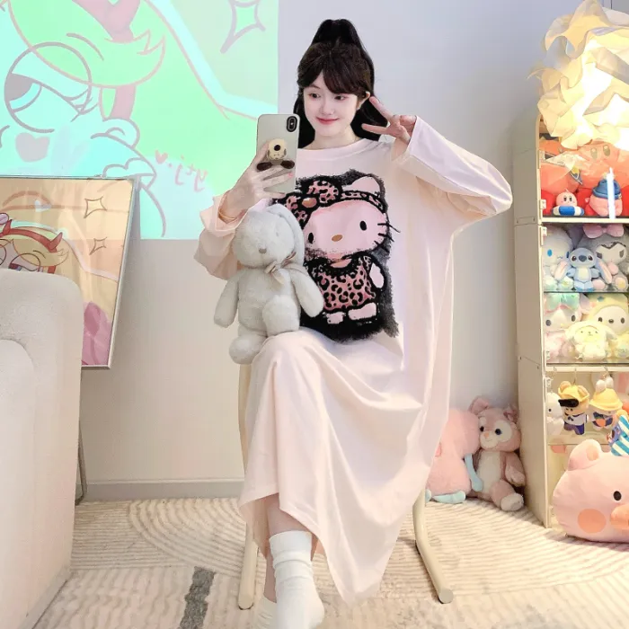 Yidiemeng Spring and Autumn New Pure Cotton Stretch Cartoon Princess Style Long Sleeve Long Nightgown Loose Loungewear Wearable Outside · Wholesale · OEM · Worldwide Shipping - Detail 1