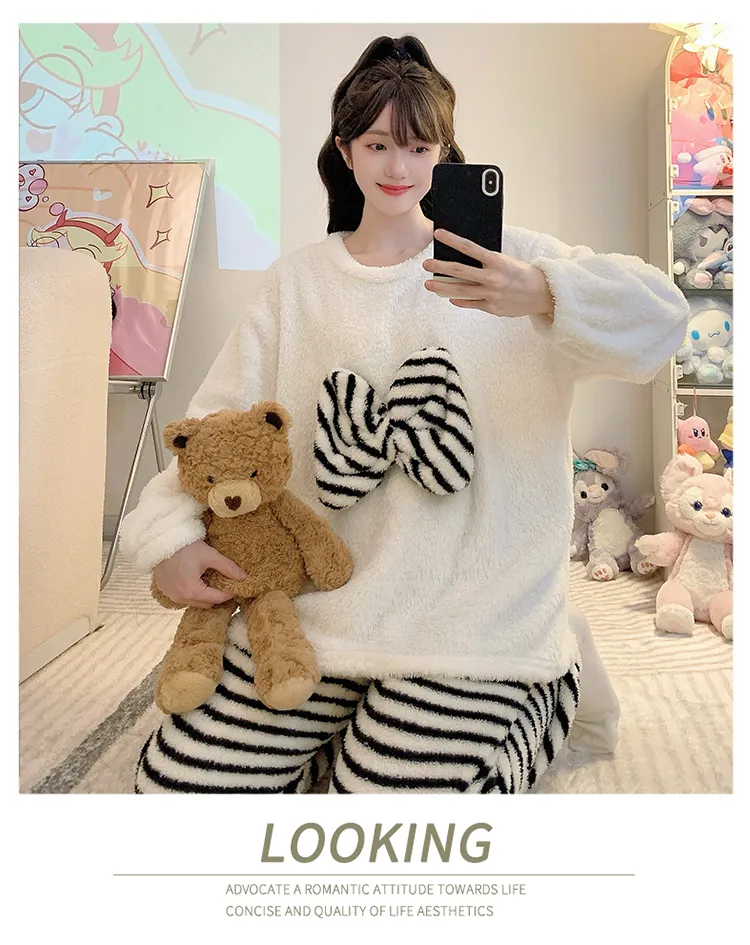 Yidiemeng Winter Half Fleece Striped Sweet Princess Long Sleeve Plus Size 110kg Loungewear Set · Wholesale · OEM · Worldwide Shipping - Detail 10