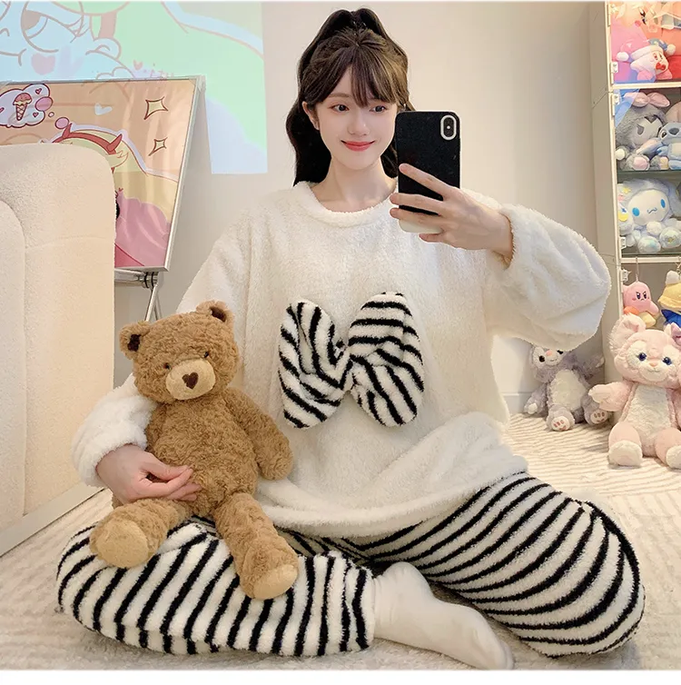 Yidiemeng Winter Half Fleece Striped Sweet Princess Long Sleeve Plus Size 110kg Loungewear Set · Wholesale · OEM · Worldwide Shipping - Detail 13