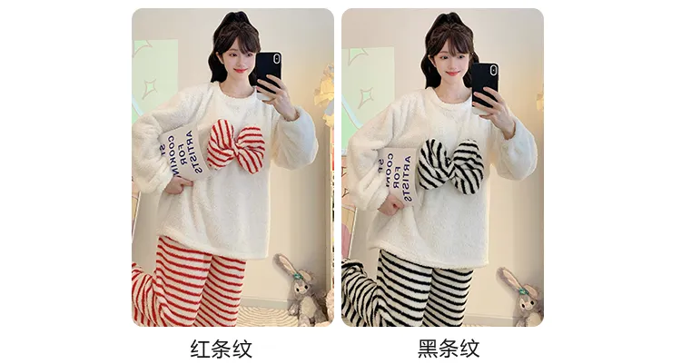 Yidiemeng Winter Half Fleece Striped Sweet Princess Long Sleeve Plus Size 110kg Loungewear Set · Wholesale · OEM · Worldwide Shipping - Detail 2