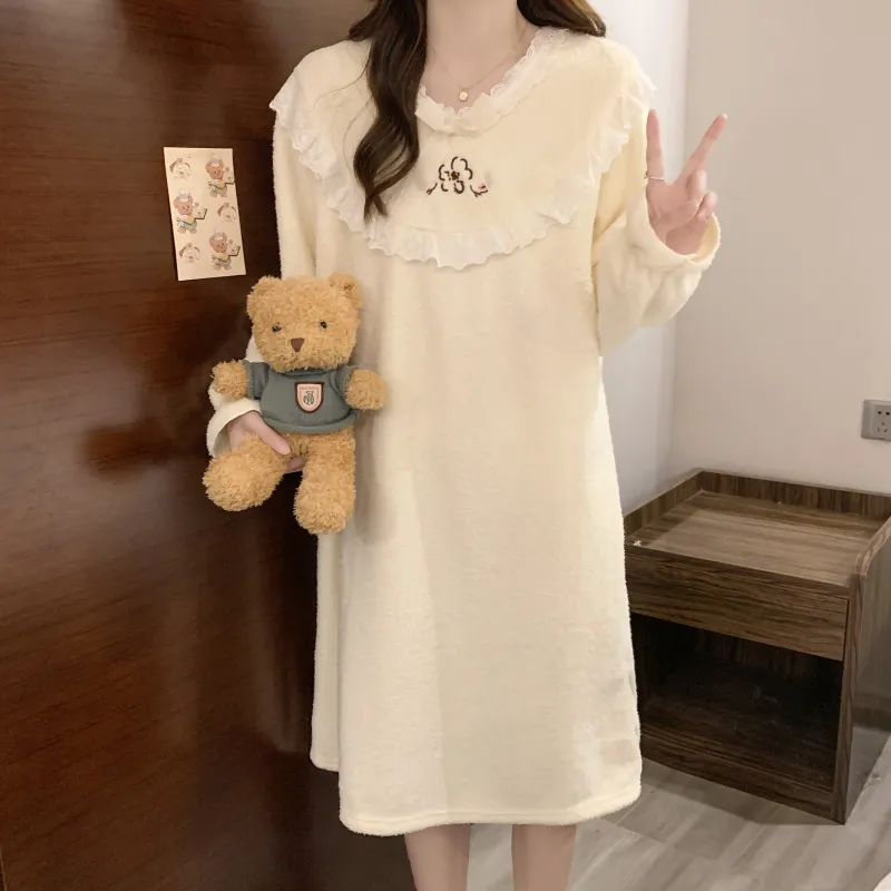 Yidiemeng Winter Half-Sherpa Fleece Pajamas Women Princess Style Long Sleeve Mid-Length Nightdress Plus Size Large 110kg Loungewear · Wholesale · OEM · Worldwide Shipping - View 2