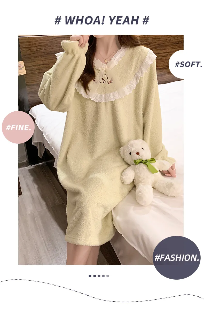 Yidiemeng Winter Half-Sherpa Fleece Pajamas Women Princess Style Long Sleeve Mid-Length Nightdress Plus Size Large 110kg Loungewear · Wholesale · OEM · Worldwide Shipping - Detail 9