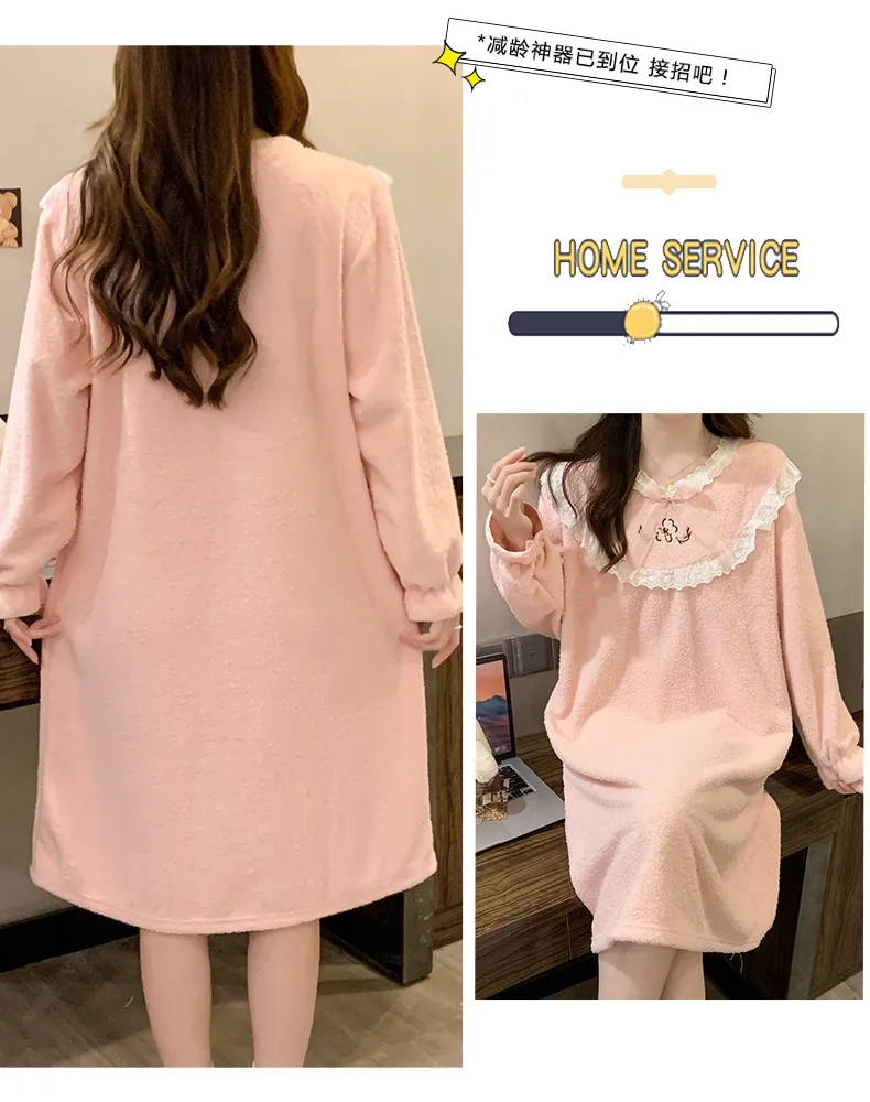 Yidiemeng Winter Half-Sherpa Fleece Pajamas Women Princess Style Long Sleeve Mid-Length Nightdress Plus Size Large 110kg Loungewear · Wholesale · OEM · Worldwide Shipping - Detail 16