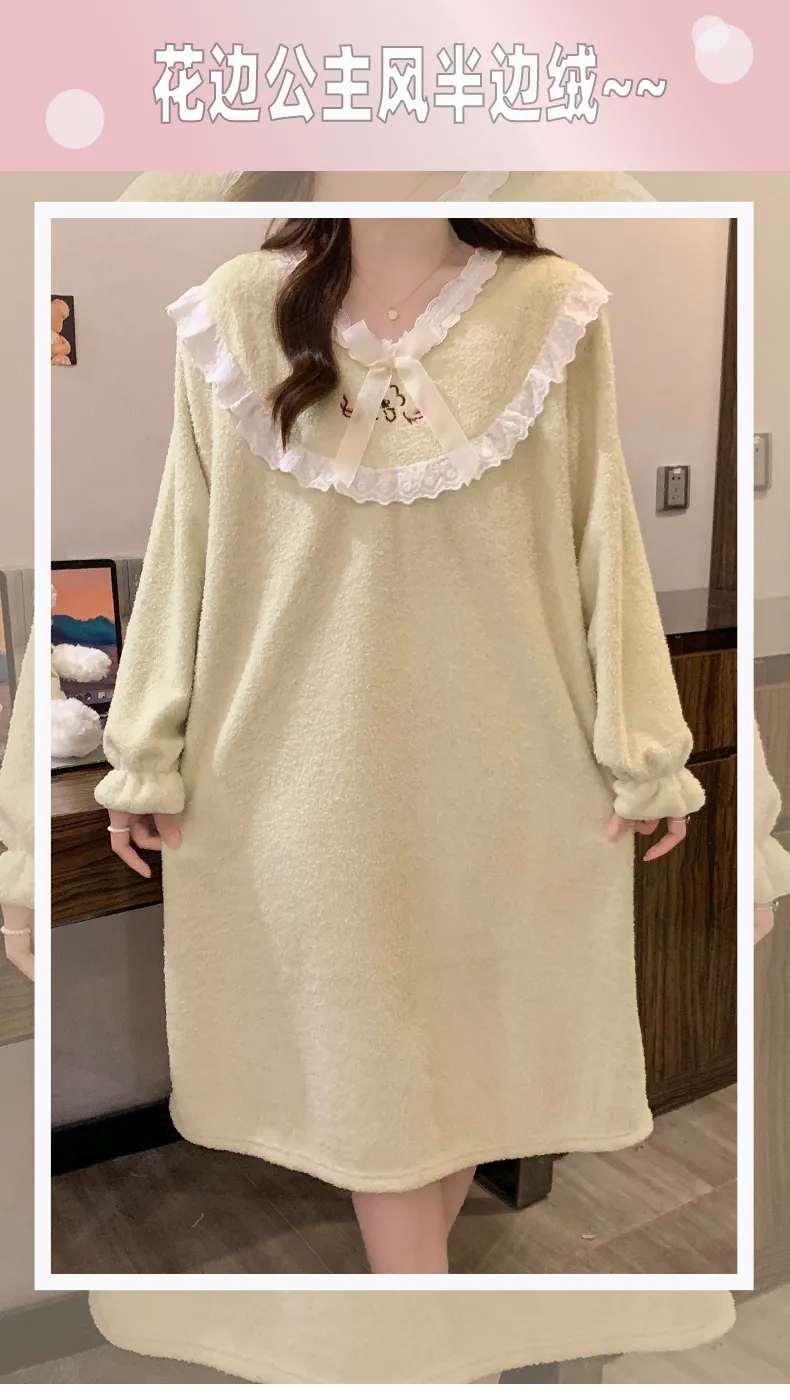 Yidiemeng Winter Half-Sherpa Fleece Pajamas Women Princess Style Long Sleeve Mid-Length Nightdress Plus Size Large 110kg Loungewear · Wholesale · OEM · Worldwide Shipping - Detail 2