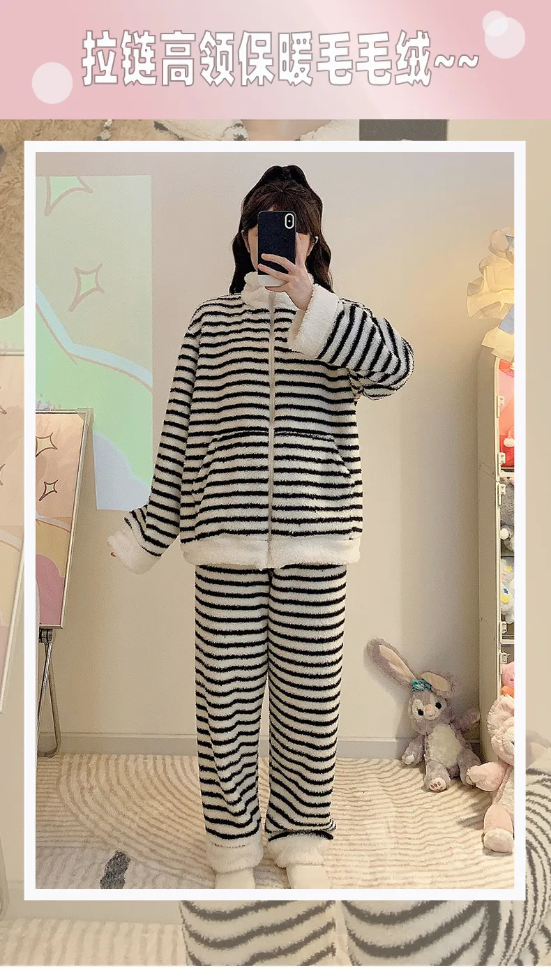 Yidiemeng Winter Sweet Striped Half Fleece Zip Cardigan Long Sleeve Pants Loose Plus Size Loungewear Set · Wholesale · OEM · Worldwide Shipping - Detail 2
