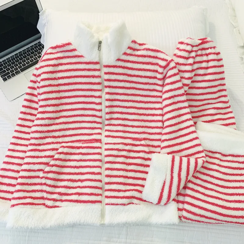 Yidiemeng Winter Sweet Striped Half Fleece Zip Cardigan Long Sleeve Pants Loose Plus Size Loungewear Set · Wholesale · OEM · Worldwide Shipping - View 4