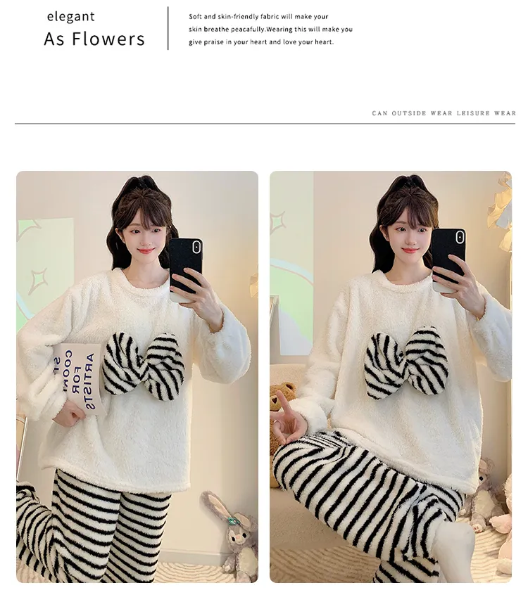 Yidiemeng Winter Half Fleece Striped Sweet Princess Long Sleeve Plus Size 110kg Loungewear Set · Wholesale · OEM · Worldwide Shipping - Detail 15