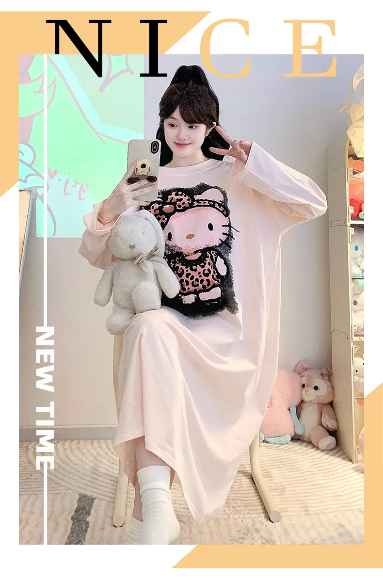 Yidiemeng Spring and Autumn New Pure Cotton Stretch Cartoon Princess Style Long Sleeve Long Nightgown Loose Loungewear Wearable Outside · Wholesale · OEM · Worldwide Shipping - Detail 14