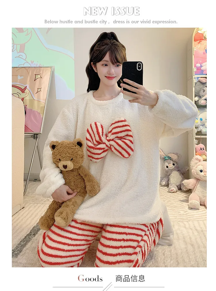 Yidiemeng Winter Half Fleece Striped Sweet Princess Long Sleeve Plus Size 110kg Loungewear Set · Wholesale · OEM · Worldwide Shipping - Detail 1