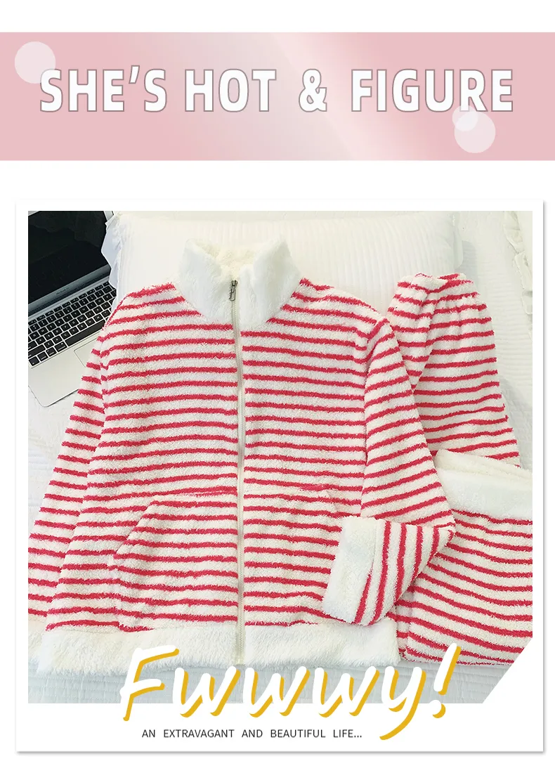 Yidiemeng Winter Sweet Striped Half Fleece Zip Cardigan Long Sleeve Pants Loose Plus Size Loungewear Set · Wholesale · OEM · Worldwide Shipping - Detail 13