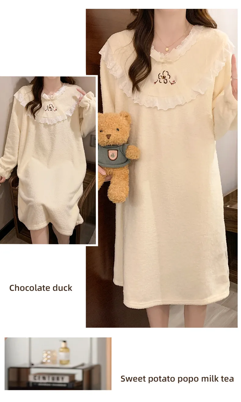 Yidiemeng Winter Half-Sherpa Fleece Pajamas Women Princess Style Long Sleeve Mid-Length Nightdress Plus Size Large 110kg Loungewear · Wholesale · OEM · Worldwide Shipping - Detail 12