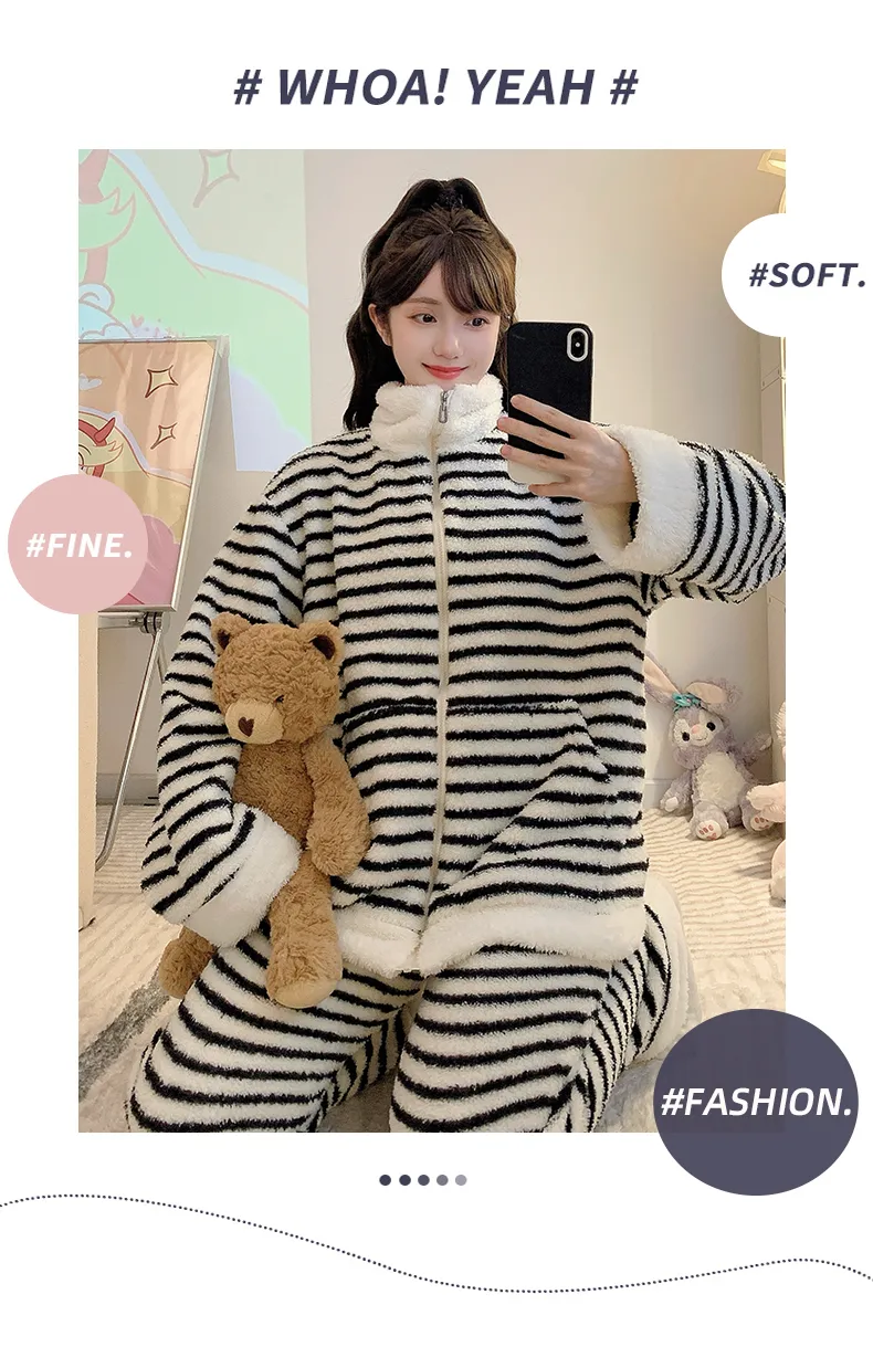 Yidiemeng Winter Sweet Striped Half Fleece Zip Cardigan Long Sleeve Pants Loose Plus Size Loungewear Set · Wholesale · OEM · Worldwide Shipping - Detail 9