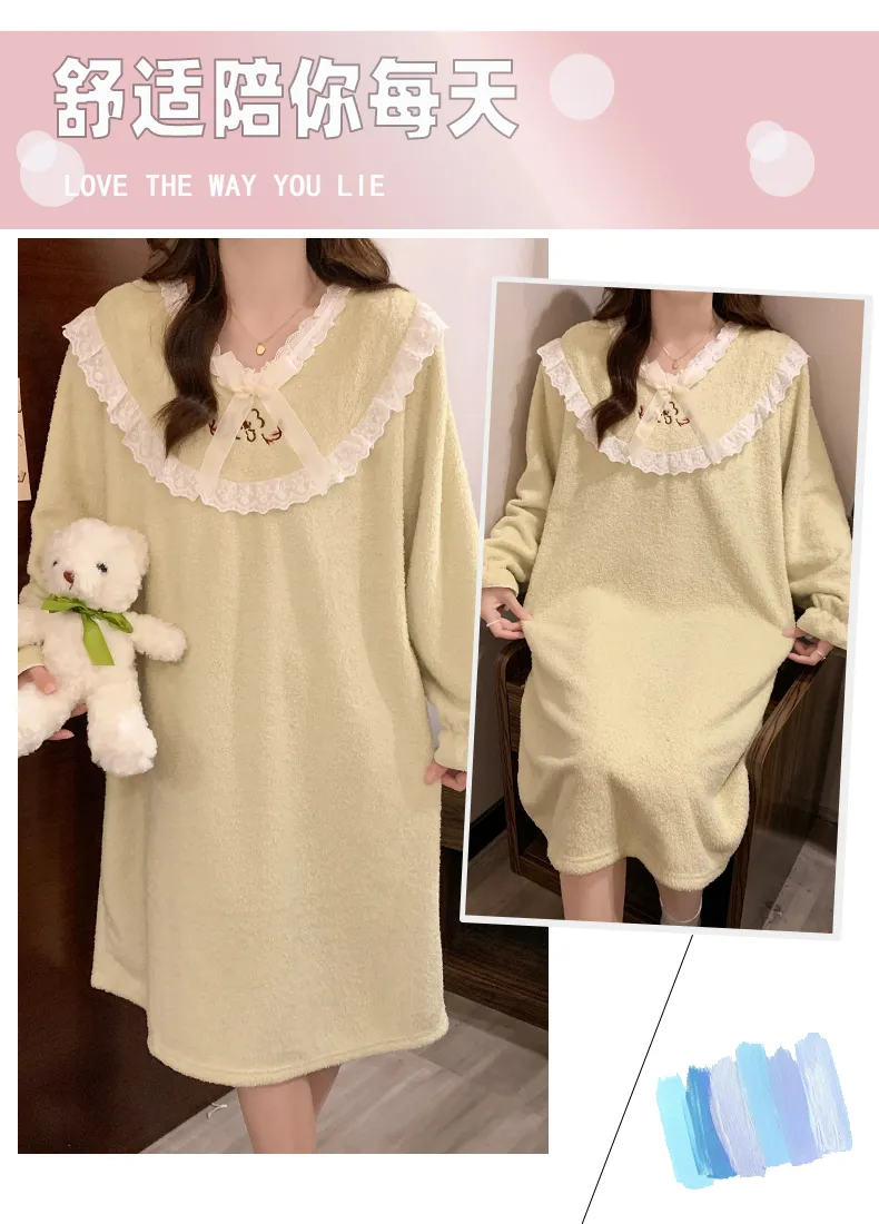 Yidiemeng Winter Half-Sherpa Fleece Pajamas Women Princess Style Long Sleeve Mid-Length Nightdress Plus Size Large 110kg Loungewear · Wholesale · OEM · Worldwide Shipping - Detail 7