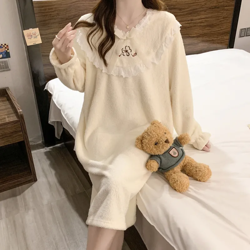 Yidiemeng Winter Half-Sherpa Fleece Pajamas Women Princess Style Long Sleeve Mid-Length Nightdress Plus Size Large 110kg Loungewear · Wholesale · OEM · Worldwide Shipping - View 3