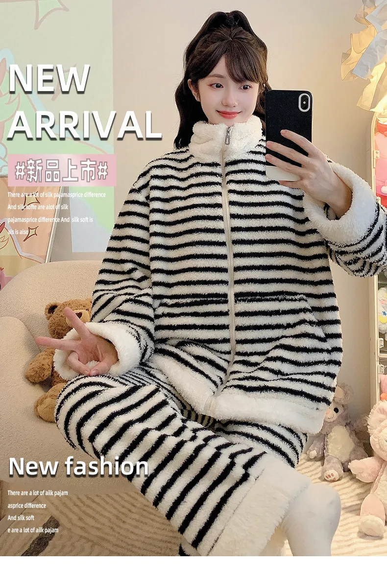 Yidiemeng Winter Sweet Striped Half Fleece Zip Cardigan Long Sleeve Pants Loose Plus Size Loungewear Set · Wholesale · OEM · Worldwide Shipping - Detail 1