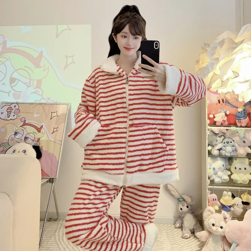 Yidiemeng Winter Sweet Striped Half Fleece Zip Cardigan Long Sleeve Pants Loose Plus Size Loungewear Set · Wholesale · OEM · Worldwide Shipping - View 3