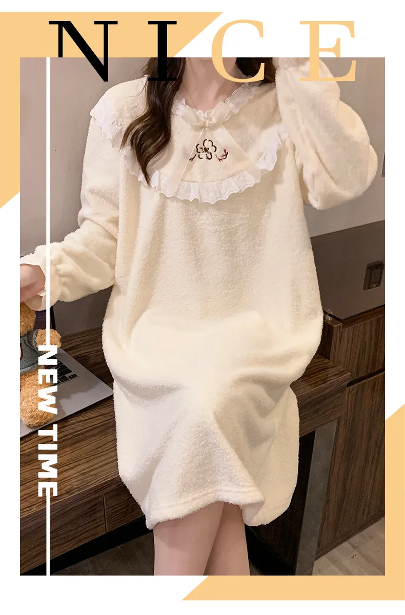 Yidiemeng Winter Half-Sherpa Fleece Pajamas Women Princess Style Long Sleeve Mid-Length Nightdress Plus Size Large 110kg Loungewear · Wholesale · OEM · Worldwide Shipping - Detail 11