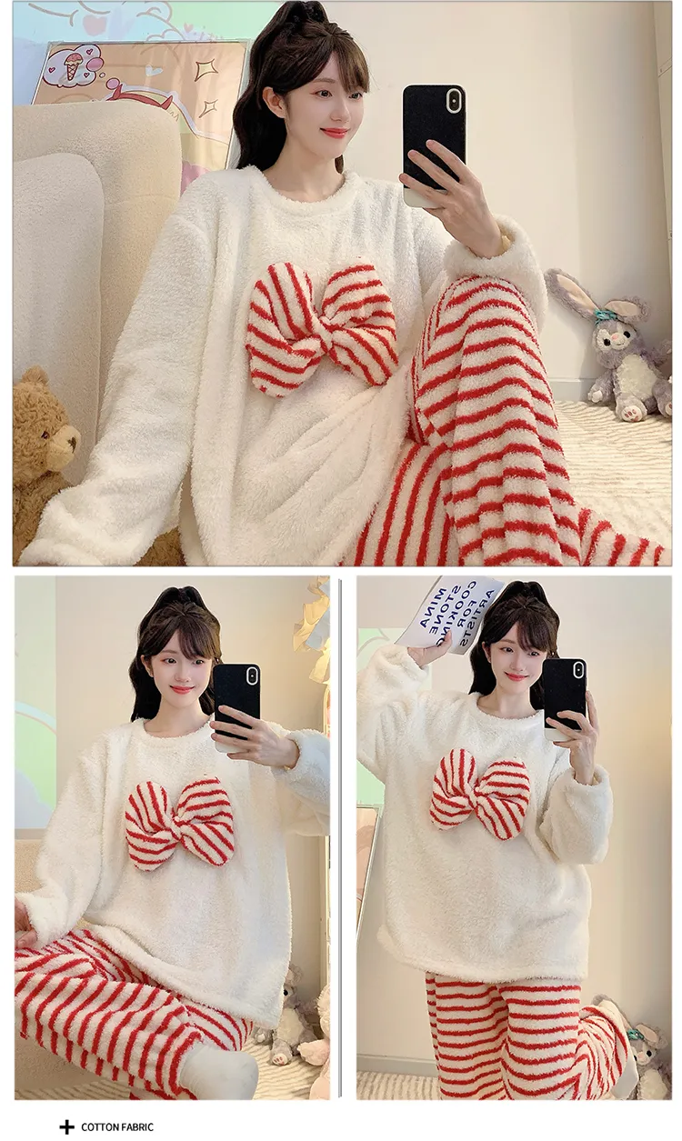Yidiemeng Winter Half Fleece Striped Sweet Princess Long Sleeve Plus Size 110kg Loungewear Set · Wholesale · OEM · Worldwide Shipping - Detail 7