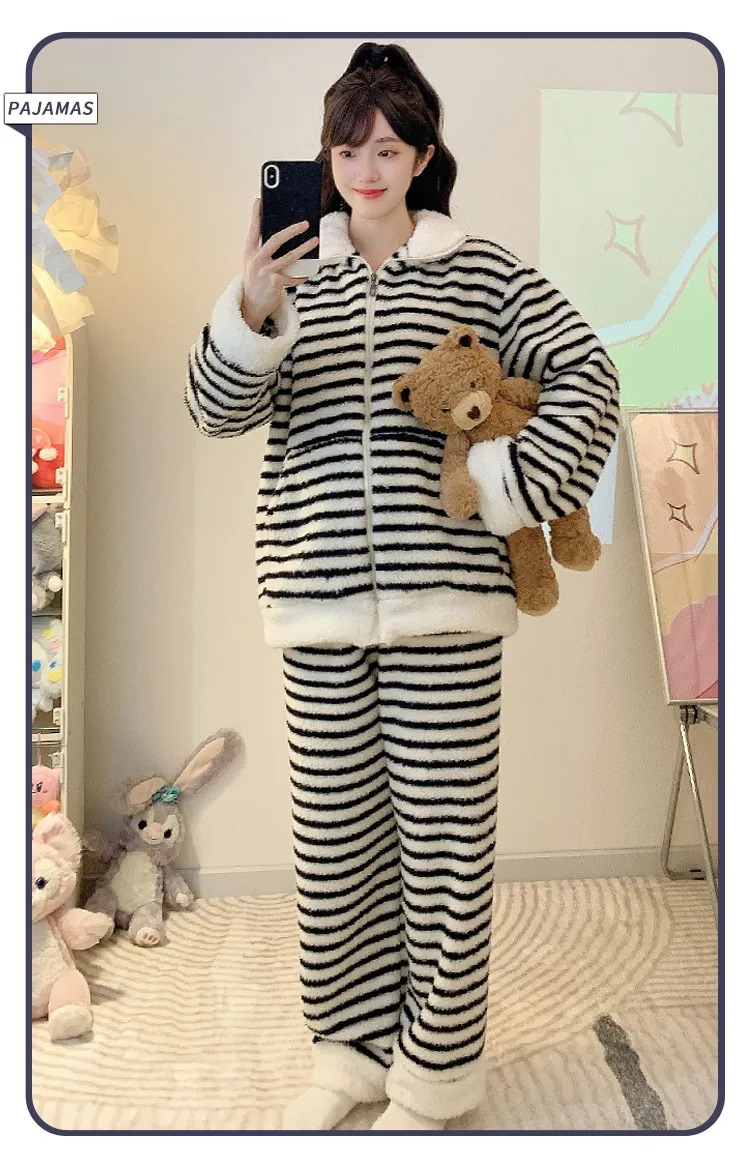 Yidiemeng Winter Sweet Striped Half Fleece Zip Cardigan Long Sleeve Pants Loose Plus Size Loungewear Set · Wholesale · OEM · Worldwide Shipping - Detail 10