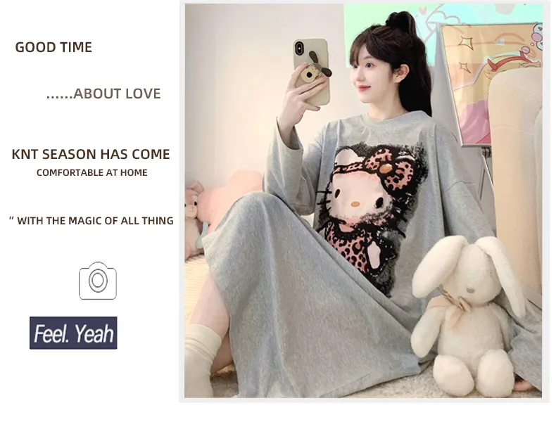 Yidiemeng Spring and Autumn New Pure Cotton Stretch Cartoon Princess Style Long Sleeve Long Nightgown Loose Loungewear Wearable Outside · Wholesale · OEM · Worldwide Shipping - Detail 11