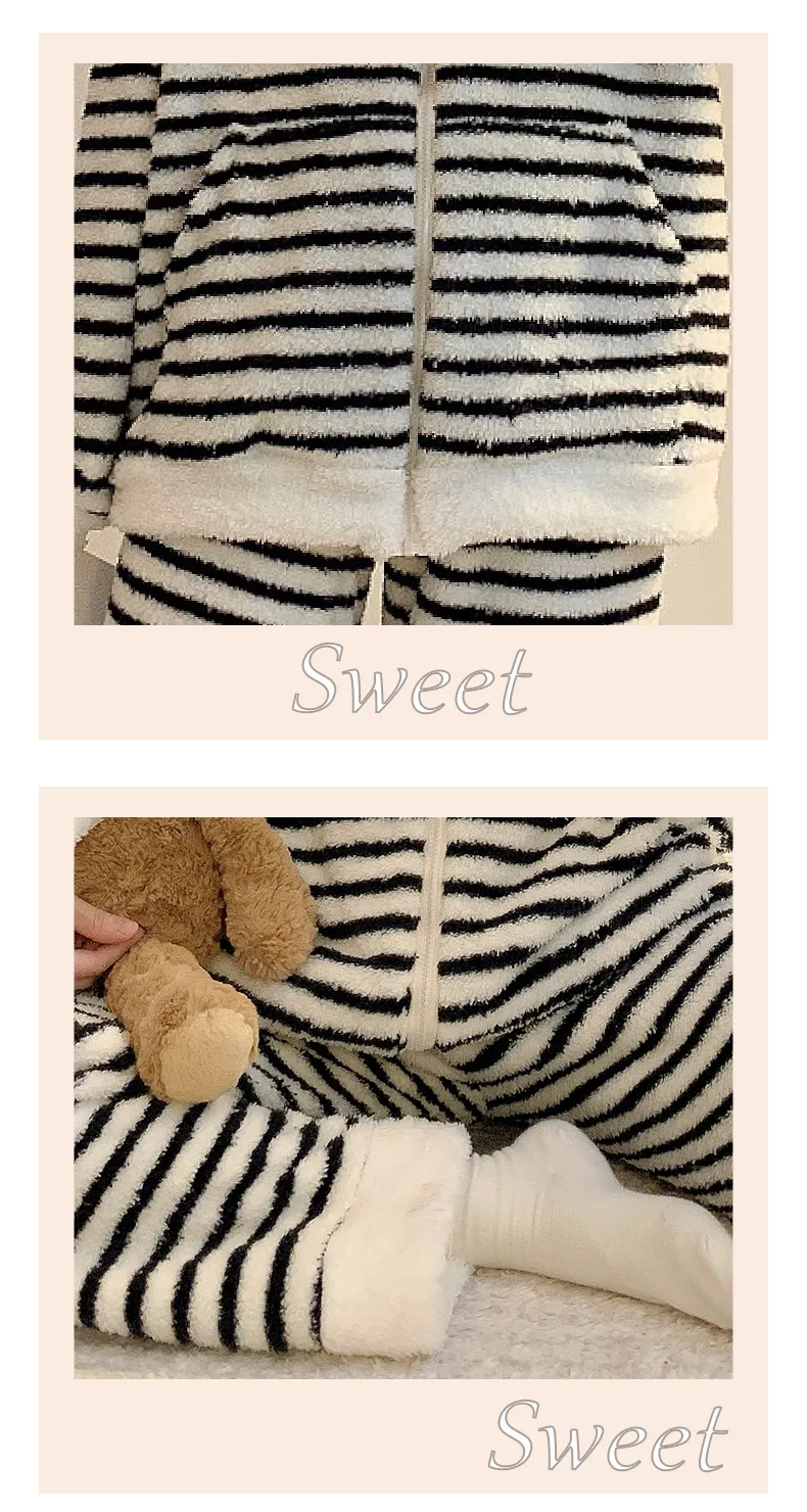 Yidiemeng Winter Sweet Striped Half Fleece Zip Cardigan Long Sleeve Pants Loose Plus Size Loungewear Set · Wholesale · OEM · Worldwide Shipping - Detail 4