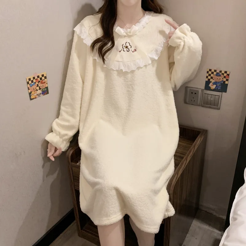 Yidiemeng Winter Half-Sherpa Fleece Pajamas Women Princess Style Long Sleeve Mid-Length Nightdress Plus Size Large 110kg Loungewear · Wholesale · OEM · Worldwide Shipping - View 1