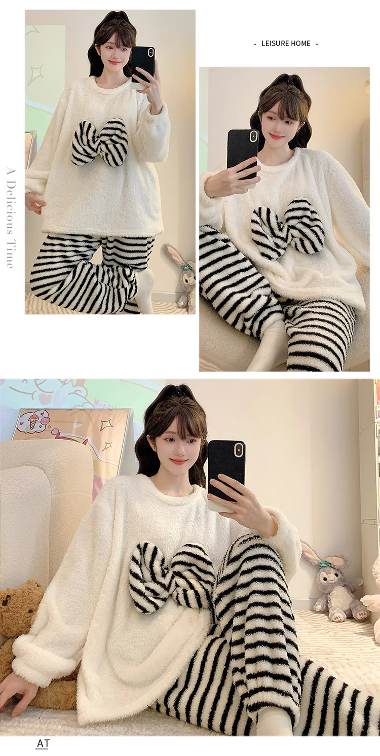 Yidiemeng Winter Half Fleece Striped Sweet Princess Long Sleeve Plus Size 110kg Loungewear Set · Wholesale · OEM · Worldwide Shipping - Detail 14