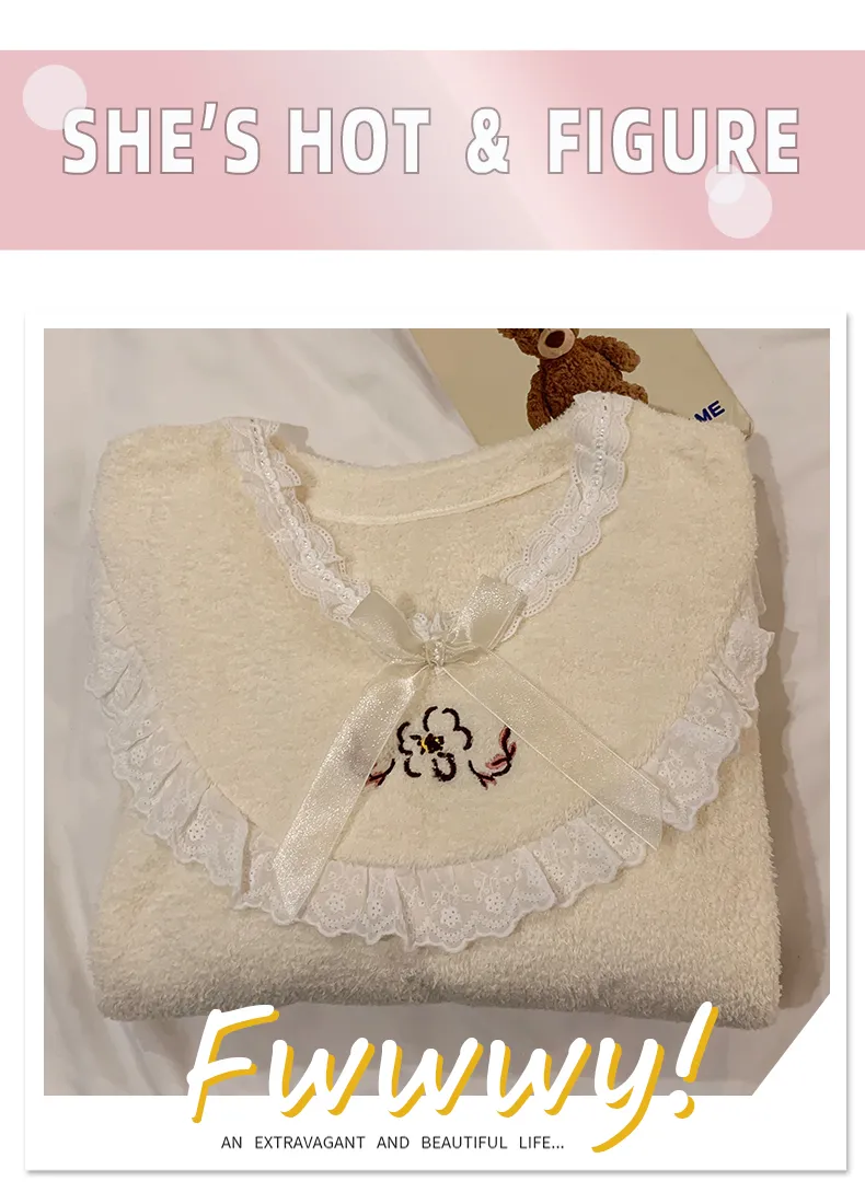 Yidiemeng Winter Half-Sherpa Fleece Pajamas Women Princess Style Long Sleeve Mid-Length Nightdress Plus Size Large 110kg Loungewear · Wholesale · OEM · Worldwide Shipping - Detail 13