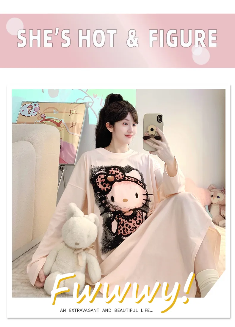Yidiemeng Spring and Autumn New Pure Cotton Stretch Cartoon Princess Style Long Sleeve Long Nightgown Loose Loungewear Wearable Outside · Wholesale · OEM · Worldwide Shipping - Detail 16