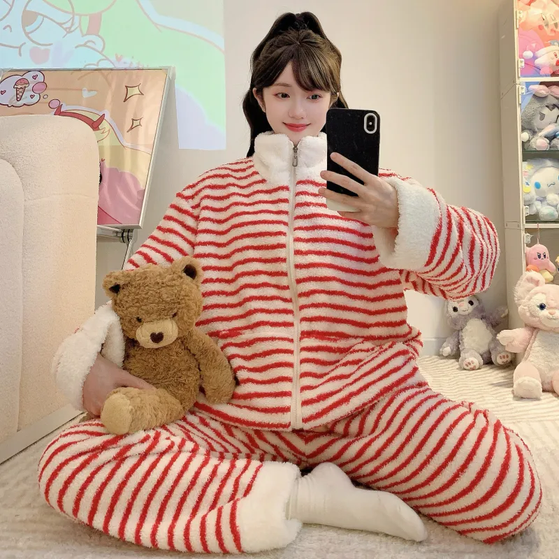 Yidiemeng Winter Sweet Striped Half Fleece Zip Cardigan Long Sleeve Pants Loose Plus Size Loungewear Set · Wholesale · OEM · Worldwide Shipping