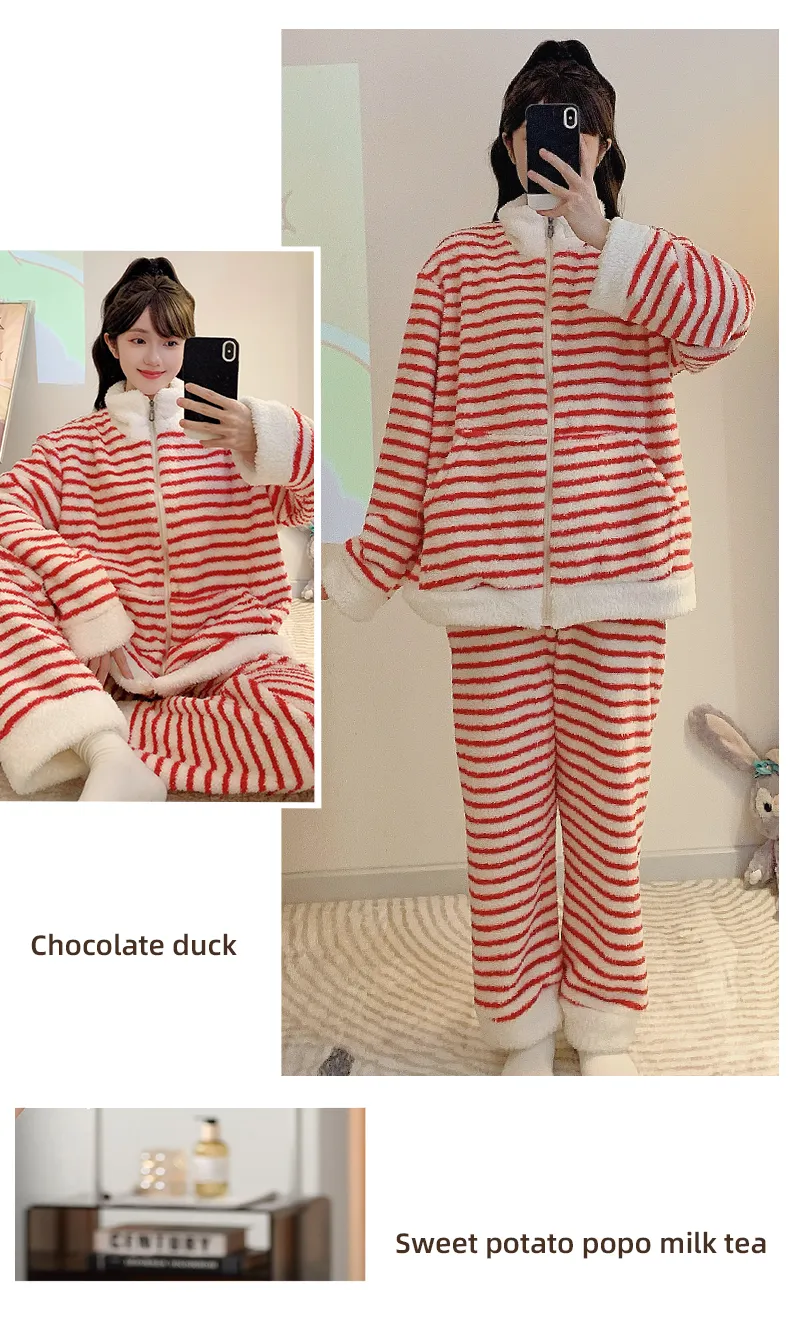 Yidiemeng Winter Sweet Striped Half Fleece Zip Cardigan Long Sleeve Pants Loose Plus Size Loungewear Set · Wholesale · OEM · Worldwide Shipping - Detail 12