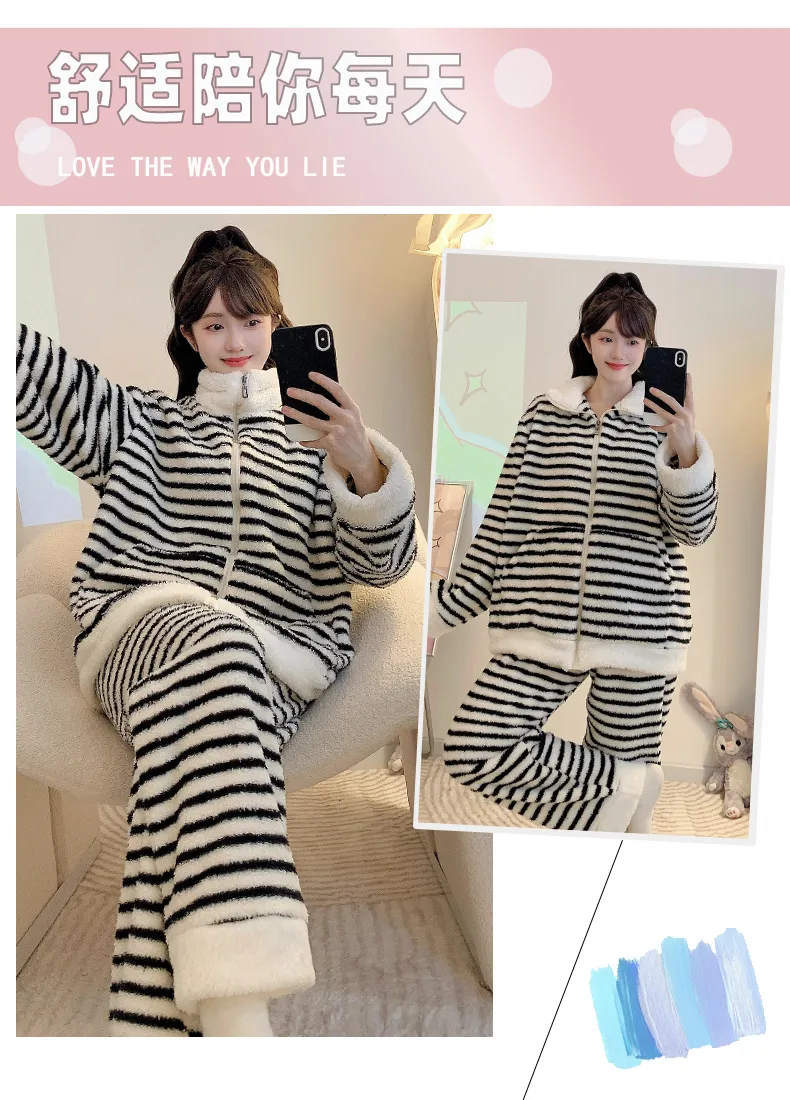 Yidiemeng Winter Sweet Striped Half Fleece Zip Cardigan Long Sleeve Pants Loose Plus Size Loungewear Set · Wholesale · OEM · Worldwide Shipping - Detail 7