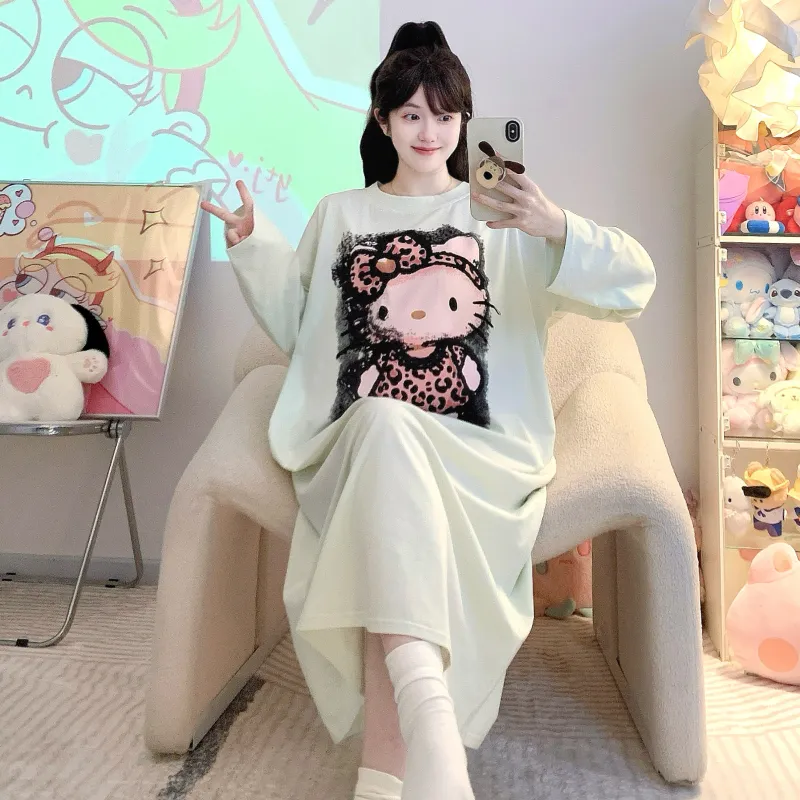Yidiemeng Spring and Autumn New Pure Cotton Stretch Cartoon Princess Style Long Sleeve Long Nightgown Loose Loungewear Wearable Outside · Wholesale · OEM · Worldwide Shipping - View 1
