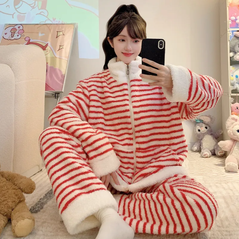 Yidiemeng Winter Sweet Striped Half Fleece Zip Cardigan Long Sleeve Pants Loose Plus Size Loungewear Set · Wholesale · OEM · Worldwide Shipping - View 1